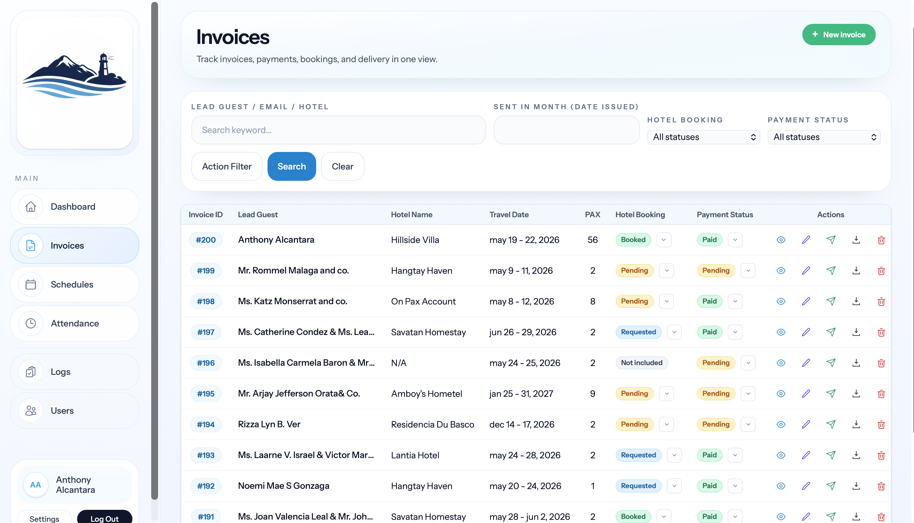 Travel-Ops invoices with travel dates, hotel bookings, and payment status