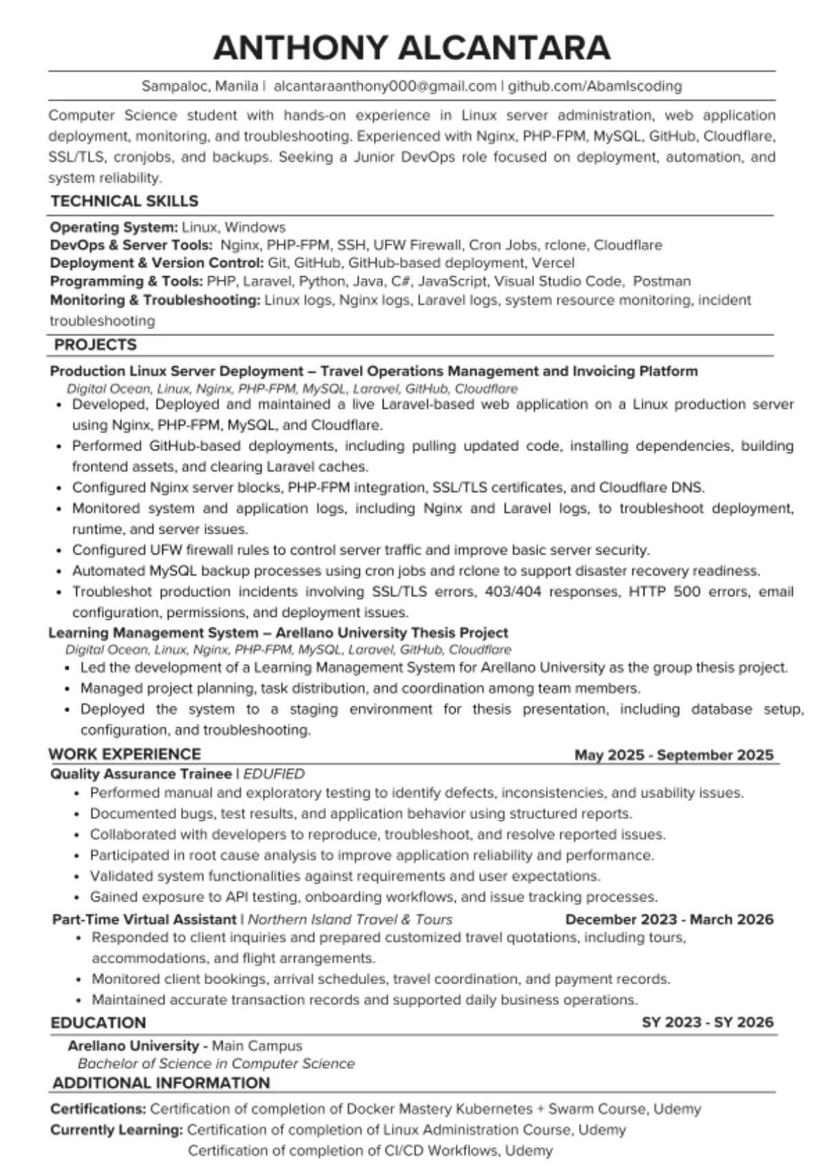 Preview of Anthony Alcantara's resume